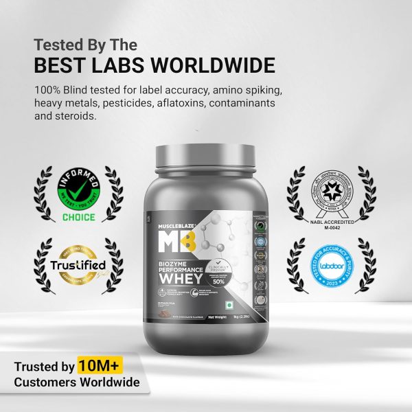 MuscleBlaze Biozyme Performance Whey Protein Powder, Rich Chocolate (1kg / 2.2lbs) | 25g Protein Per Scoop | Clinically Tested 50% Higher Protein Absorption